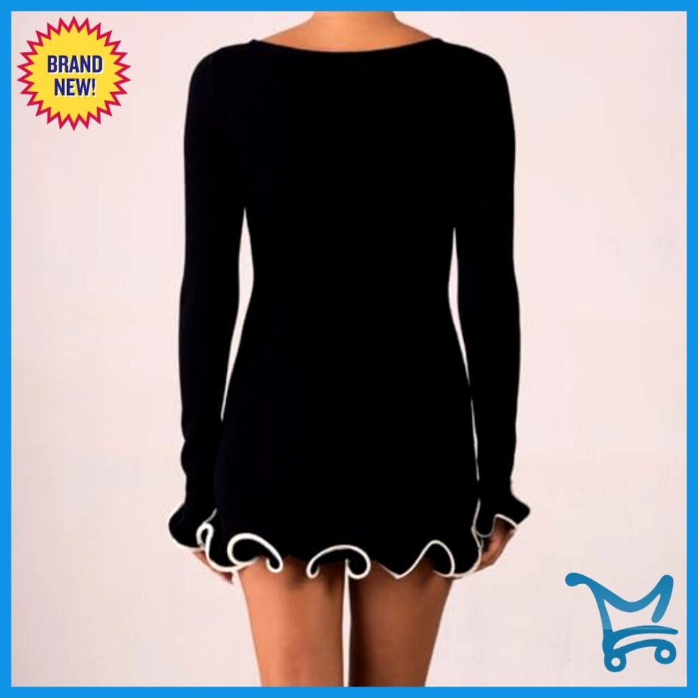 Ruffle Hem Knit Mini Dress Long Sleeve Bodycon Chic Elegant Fall Winter - Picture 5 of 7